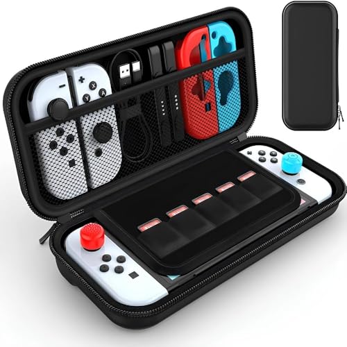 Case Capa Protetora Compatível com Nintendo Switch e OLED – Estojo Rígido, Compacto, à Prova d'Água, Bolsa com Alça, Espaço para Jogos, Acessórios e Cabo – Preto
